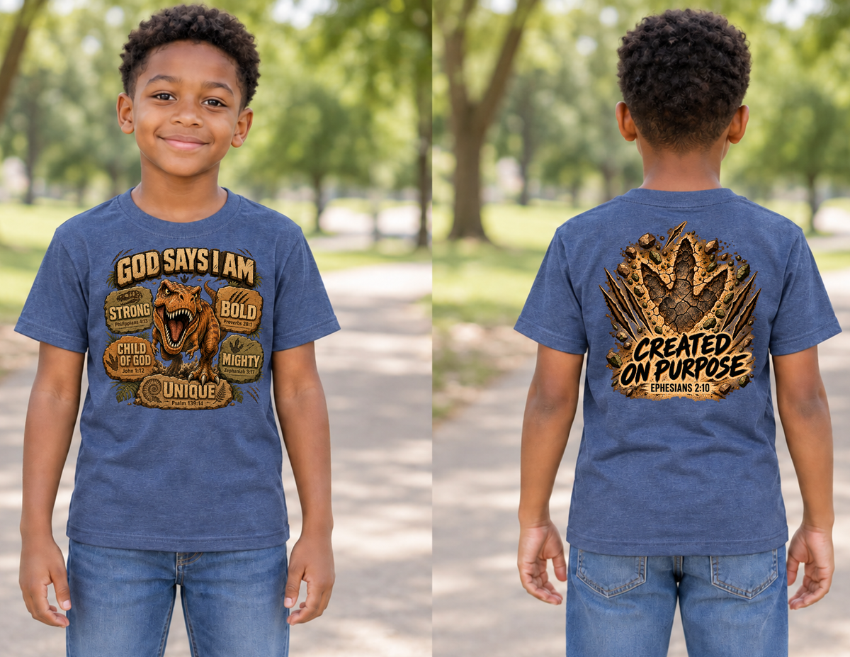 God Says I Am T. Rex Shirt in Heather Indigo, front and back mockup