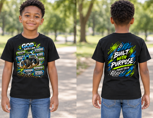 God Says I Am Monster Truck Shirt in Black, front and back mockup