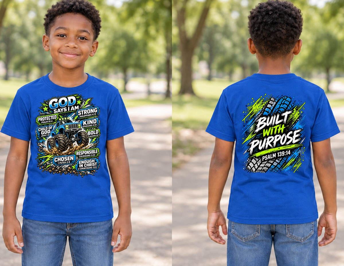 God Says I Am Monster Truck Shirt in Royal Blue, front and back mockup