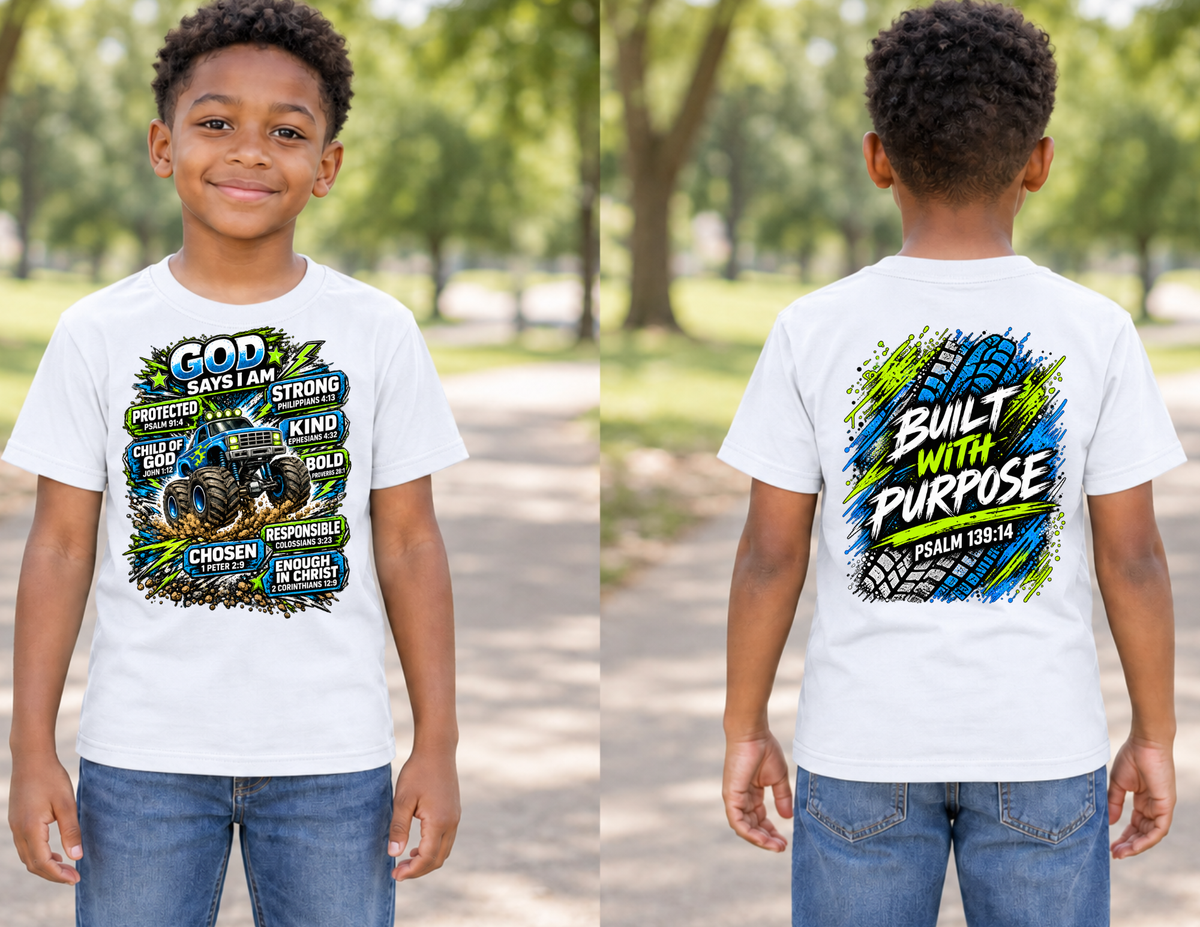 God Says I Am Monster Truck Shirt in White, front and back mockup