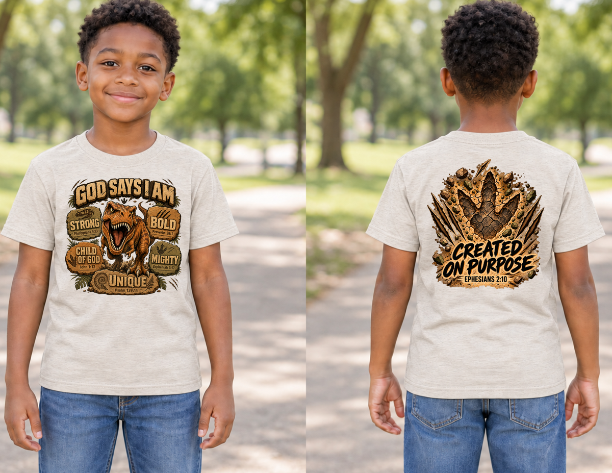 God Says I Am T. Rex Shirt in Heather Oatmeal, front and back mockup