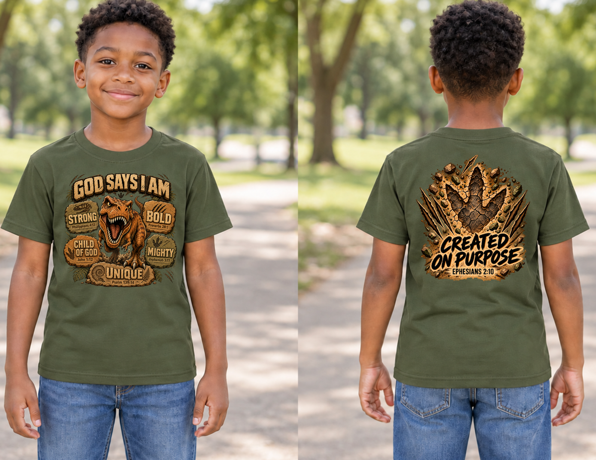 God Says I Am T. Rex Shirt in Military Green, front and back mockup