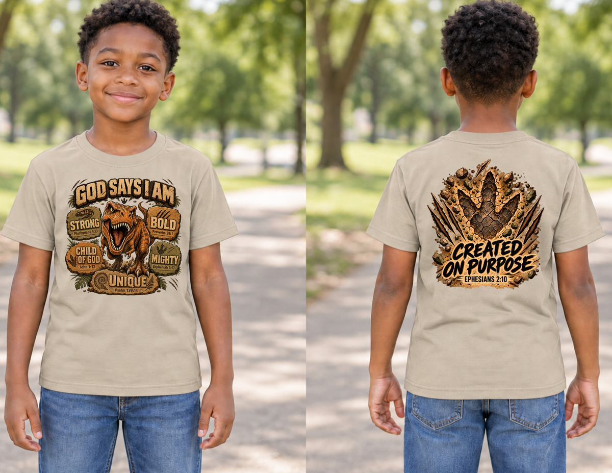 God Says I Am T. Rex Shirt in Sand, front and back mockup