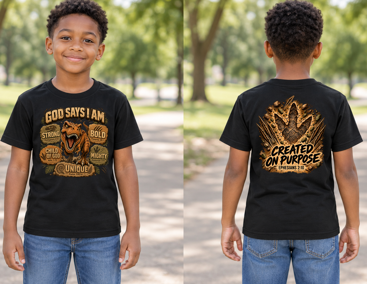 God Says I Am T. Rex Shirt in Black, front and back mockup