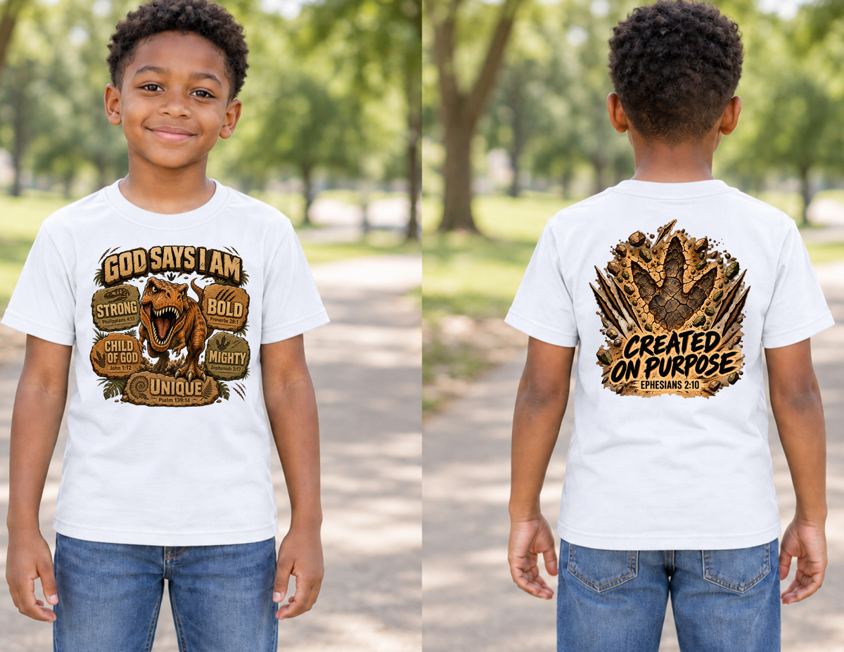 God Says I Am T. Rex Shirt in White, front and back mockup