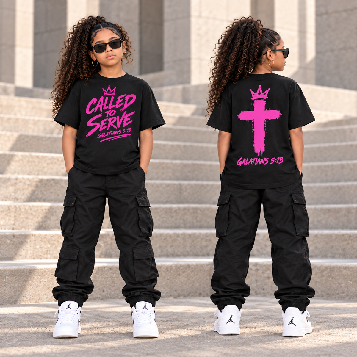 Called to Serve black T shirt with pink design mockup